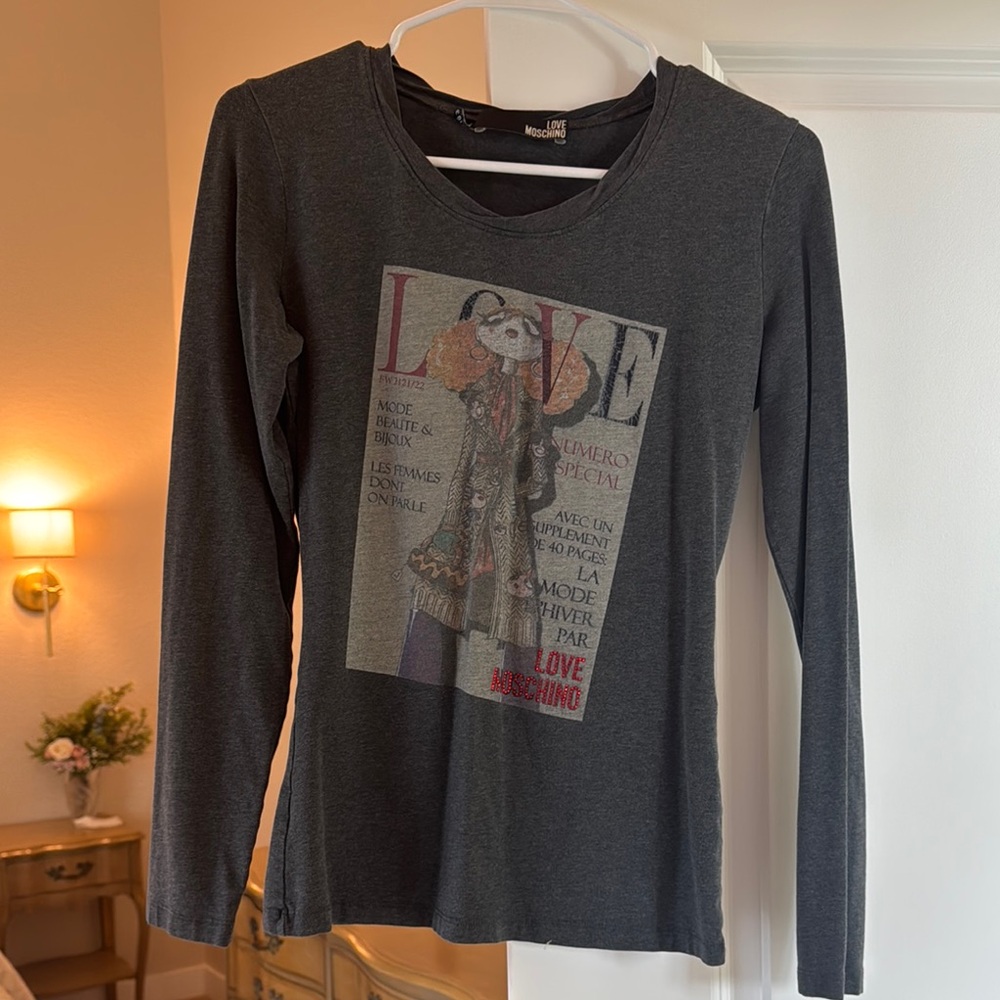 Love Moschino Gray Graphic Fitted Long Sleeve Tee